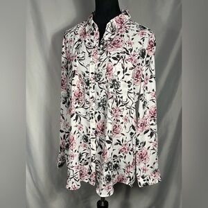 Ann Taylor Factory Women’s Button Front Blouse Longsleeve Floral  Pink Black L